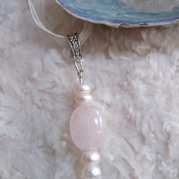 ChrissieCraft ROSE QUARTZ nugget with freshwater pearls NECKLACE