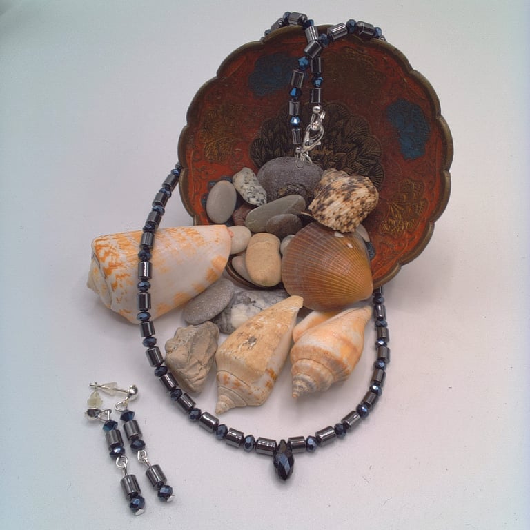 Steel Grey Haematite Beads and Midnight Blue Crystals Necklace and Earrings