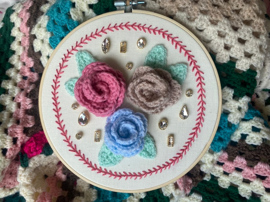 Floral Crochet Embroidery Hoop Wall Hanging