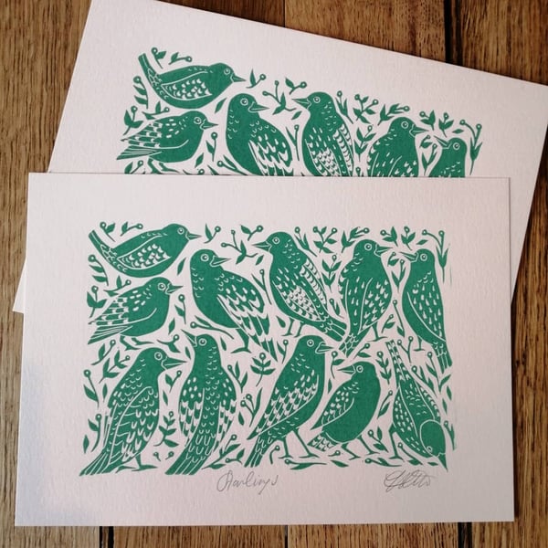 SALE Green starlings lino print