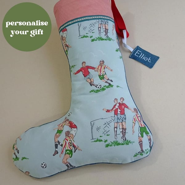 Upcycled Christmas Stocking - denim and football