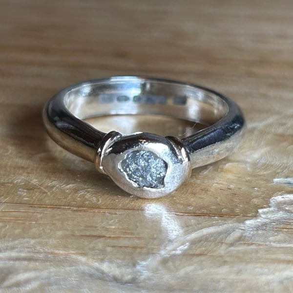 Raw Uncut Grey Diamond Sterling Silver & 9ct Gold Ring UK Size M 