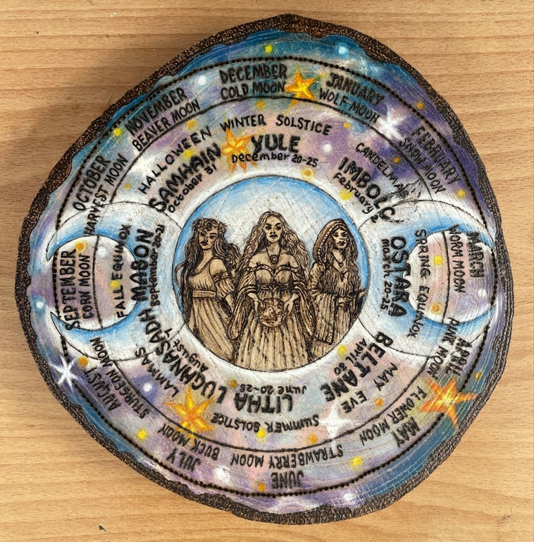 Wood-Burned Triple Goddess Wheel of The Year on Wood