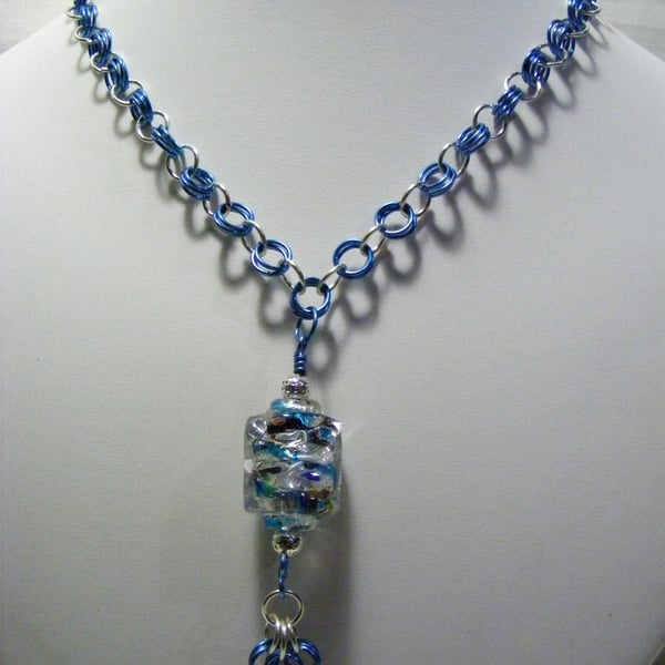 Blue Chainmaille with Glass pendant Necklace