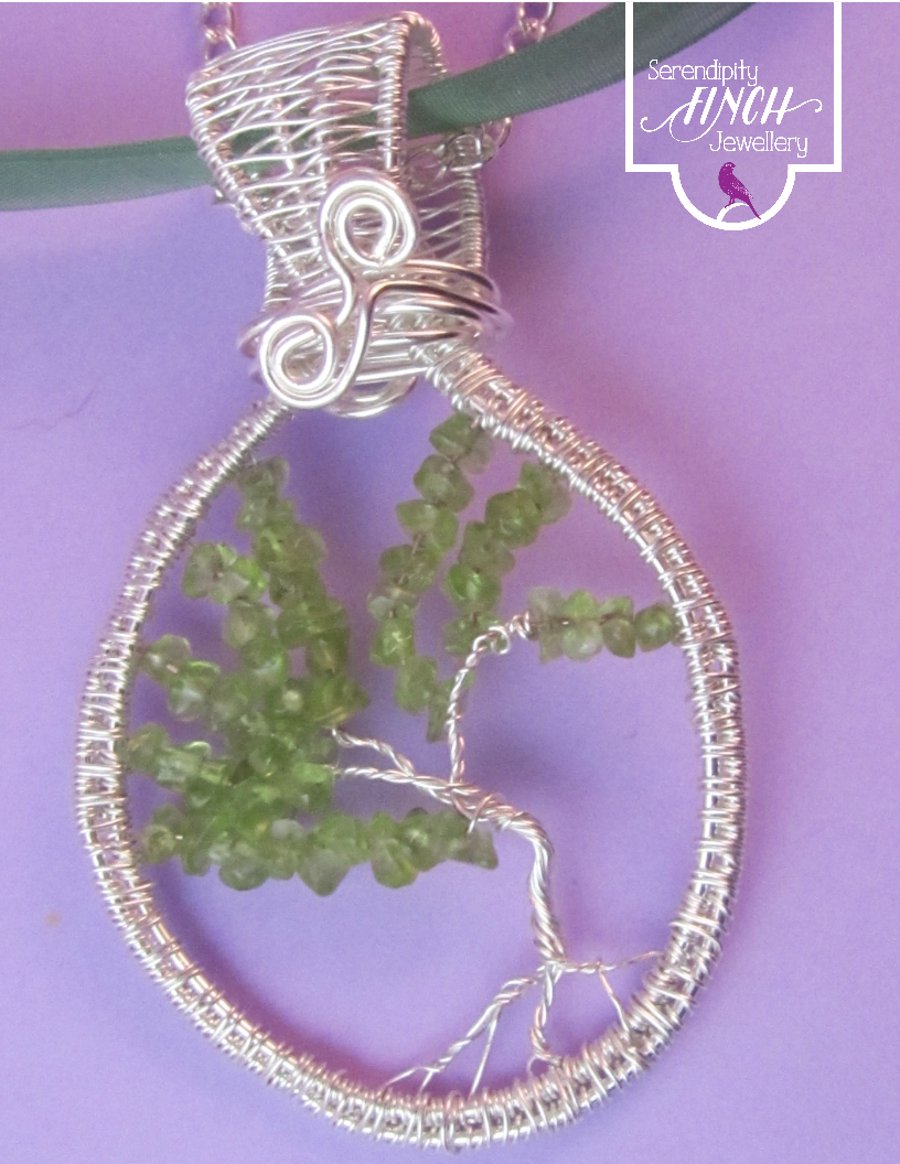 Green Peridot Tree of Life Pendant Necklace, Peridot Wirework Pendant