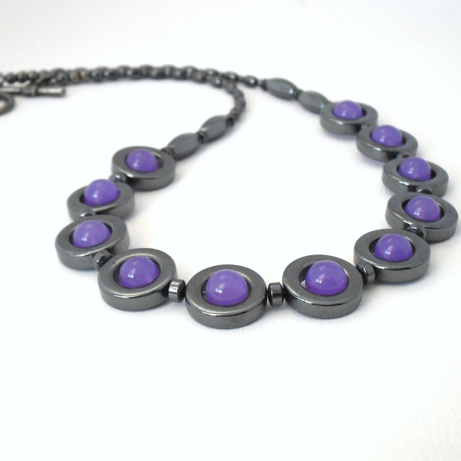 Purple lavender alexandrite and hematite necklace