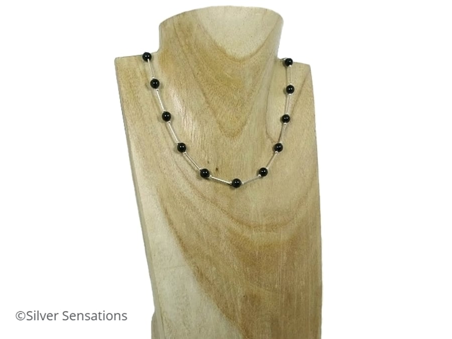 Elegant Black Premium Crystal Pearls & Sterling Silver Tubes Designer Necklace