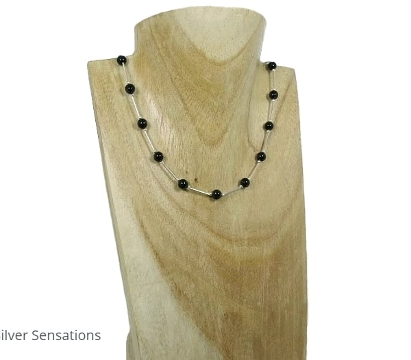 Elegant Black Premium Crystal Pearls & Sterling Silver Tubes Designer Necklace