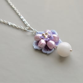 Purple freshwater Pearls White Agate Microcrochet Floral Pendant 