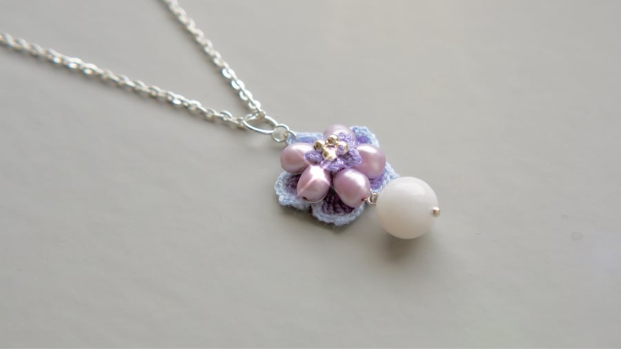 Purple freshwater Pearls White Agate Microcrochet Floral Pendant 