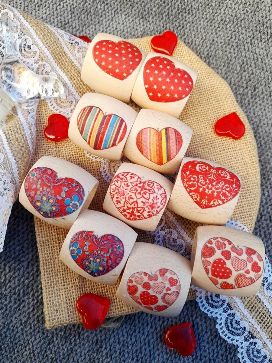 Red Heart Wooden Napkin Rings Set of 10 in Rustic Jute Gift Bag,Folksy wedding