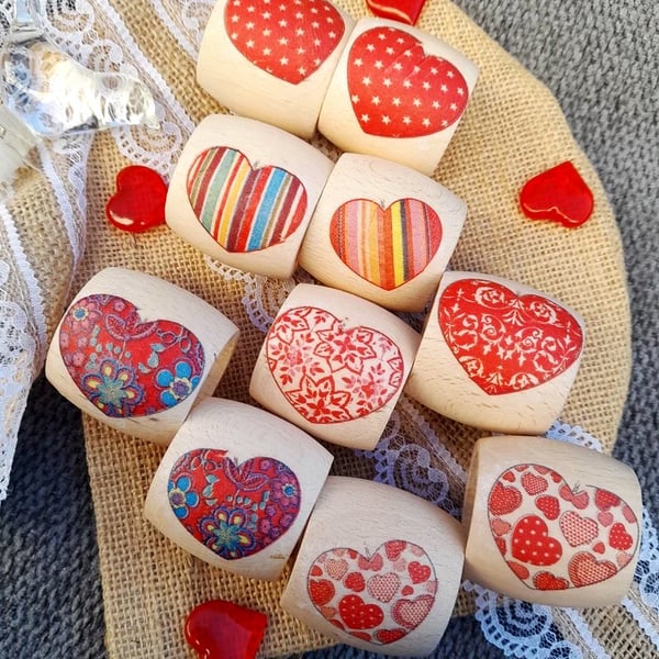 Red Heart Wooden Napkin Rings Set of 10 in Rustic Jute Gift Bag,Folksy wedding