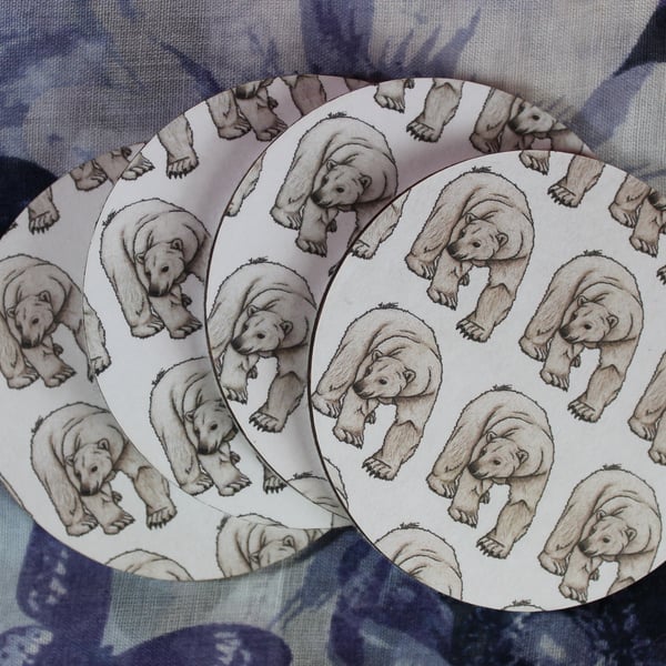 Polar Bear Pattern Handmade Wooden Round Drinks Coaster 