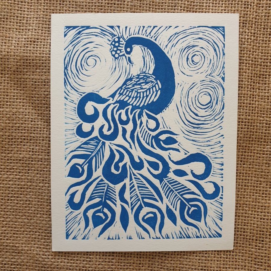 Peacock, original linocut print 
