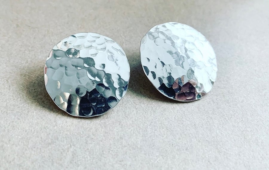 Large Silver Disc Earrings - Solid Sterling Silver Hammered Earrings 
