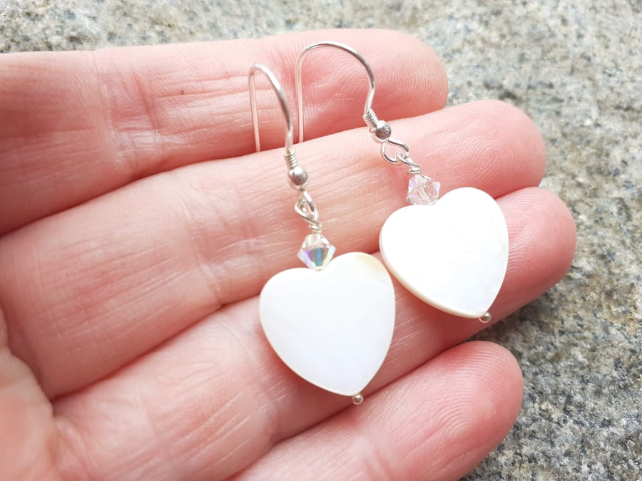 Mother of Pearl Heart earrings with clear Bi-Cone crystals