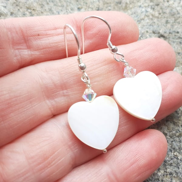 Mother of Pearl Heart earrings with clear Bi-Cone crystals