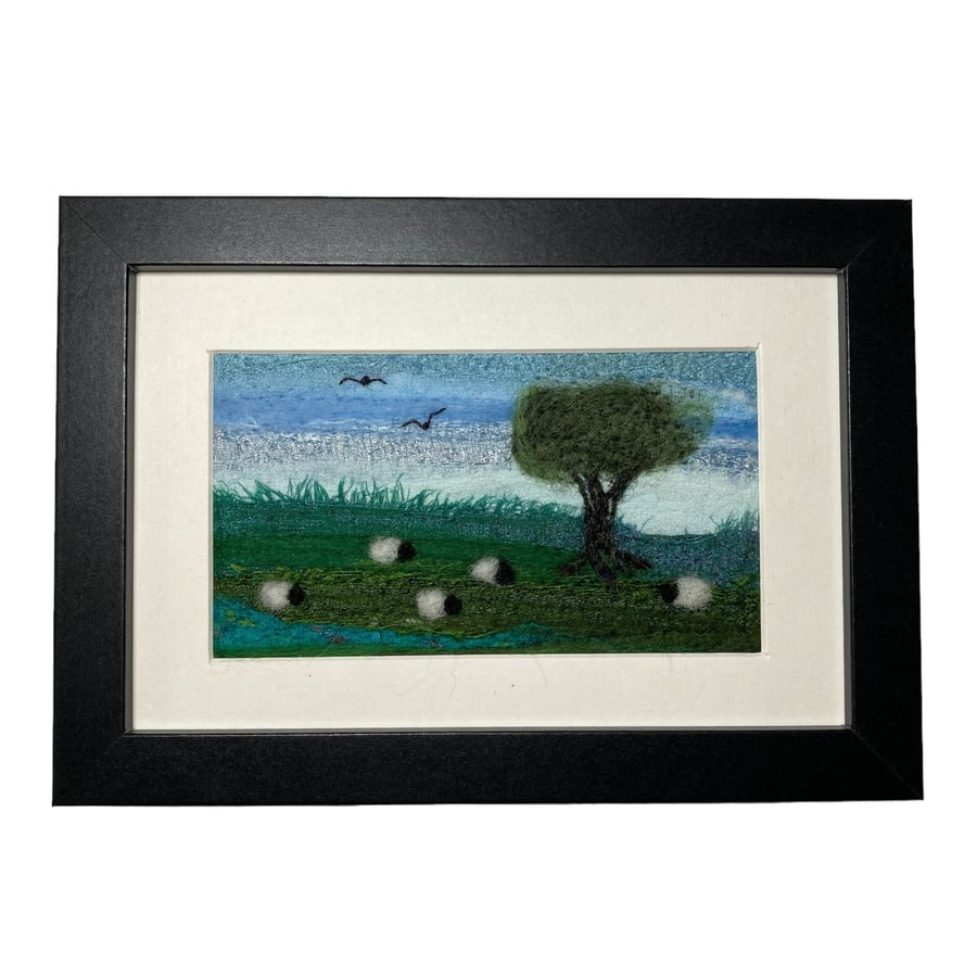 Sheep grazing, needle felted silk and wool original textile art picture, 6"x4"