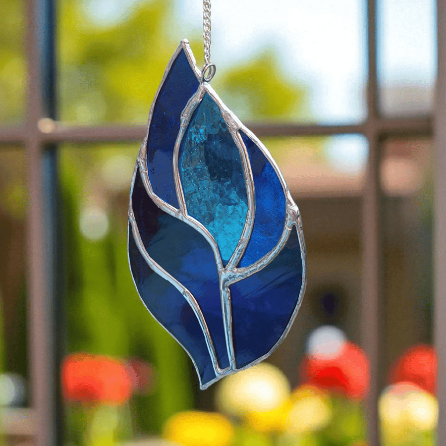 Handmade Blue Stained Glass Suncatcher for Window