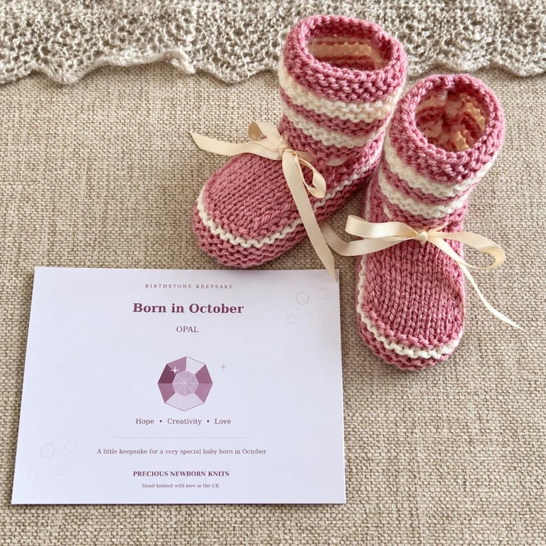 October Birthstone Baby Booties – Hand Knitted Pink & Cream Keepsake Gift