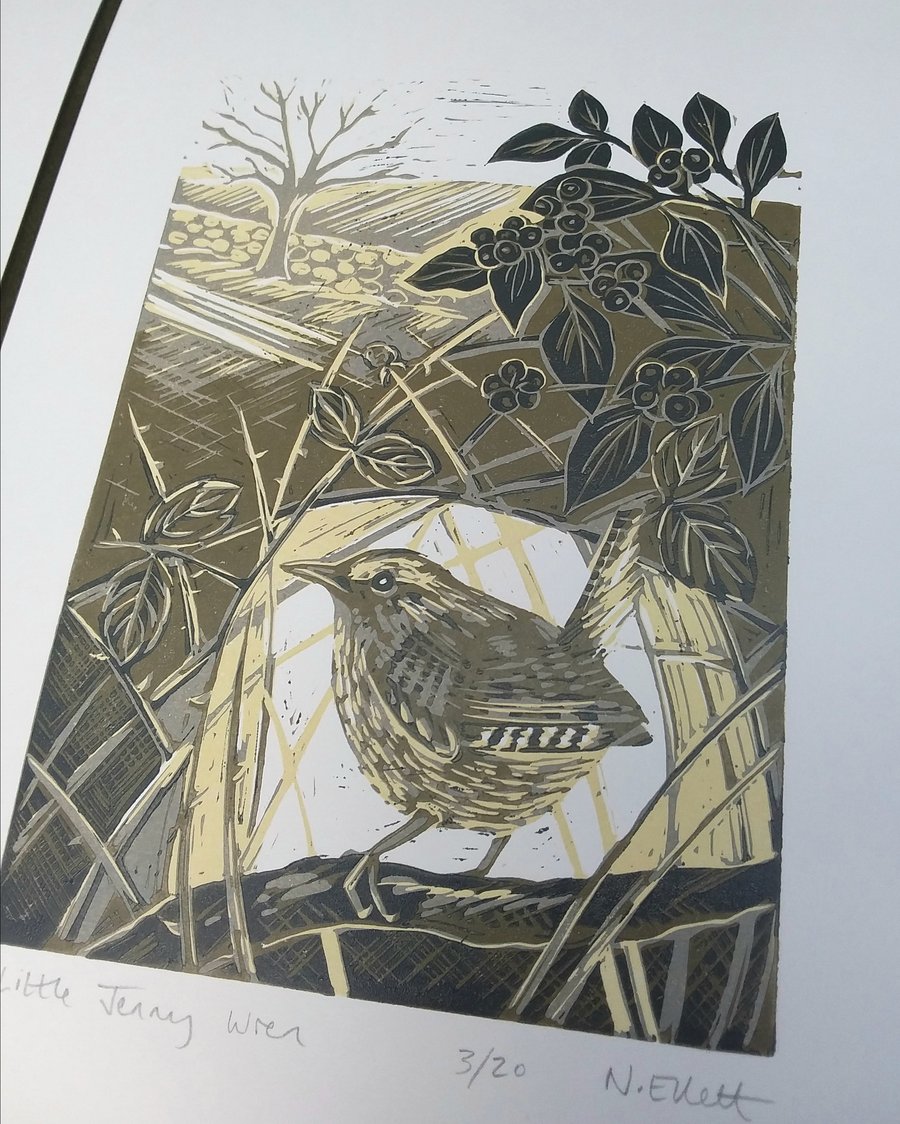 Little Jenny Wren - linoprint