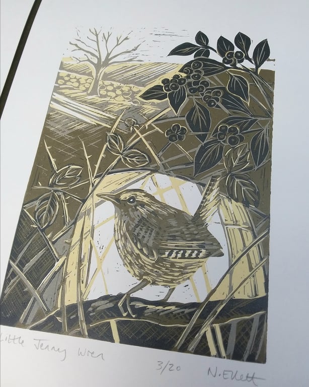Little Jenny Wren - linoprint