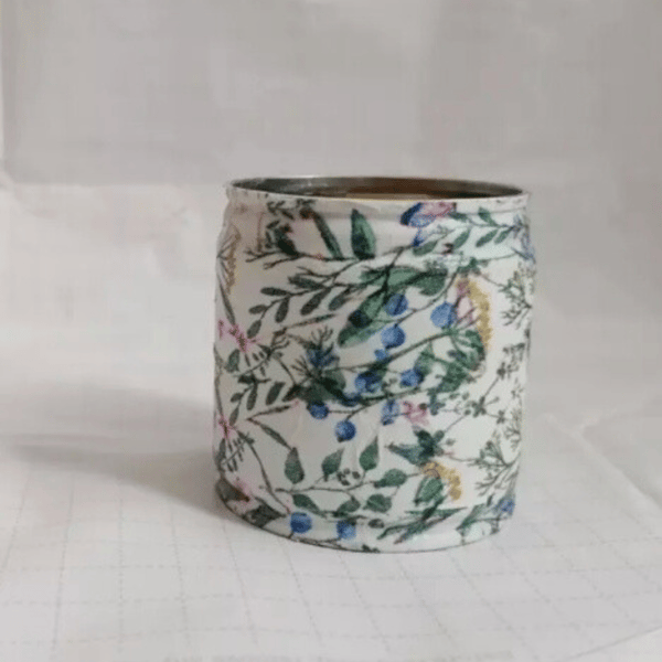 Upcycled Tin Can Storage Container with Vibrant Floral Decoupage Design - Perfec