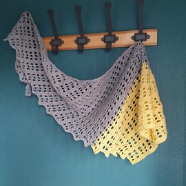 Crochet Luxury Scarf, Shawl. Silver Grey & Daffodil Yellow