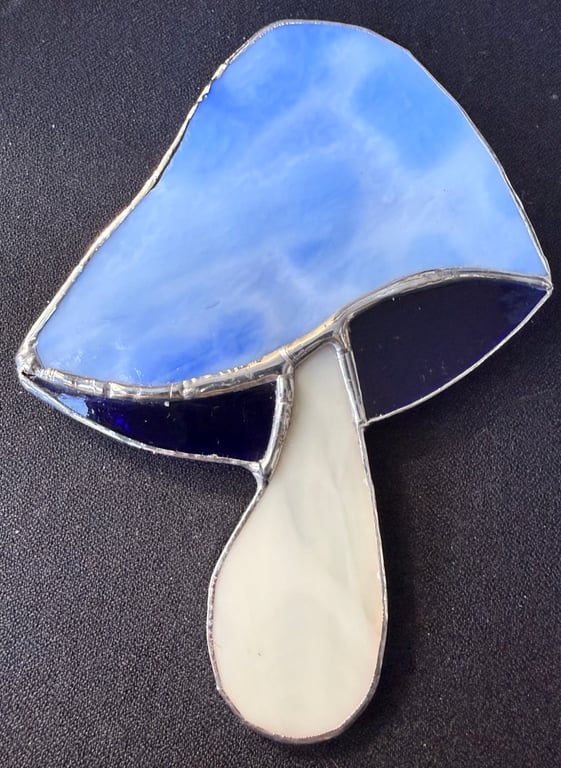 Stained glass mushroom - mottled blue cap with cobalt blue gills