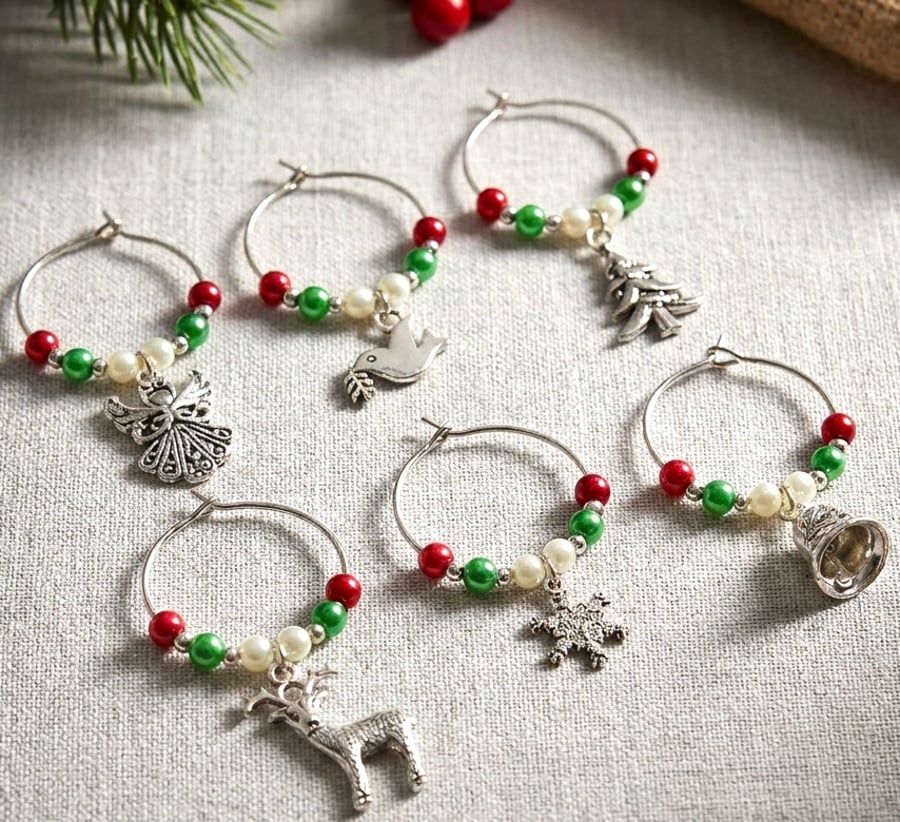 Red and Green Handmade Festive Wine Glass Charms