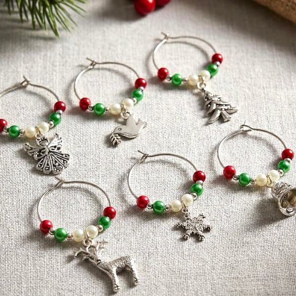 Red and Green Handmade Festive Wine Glass Charms