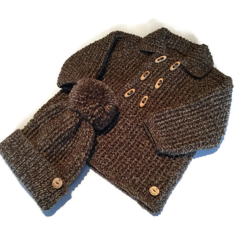 Vintage Style Boy's Baby Coat and Bobble Hat to fit chest 18"