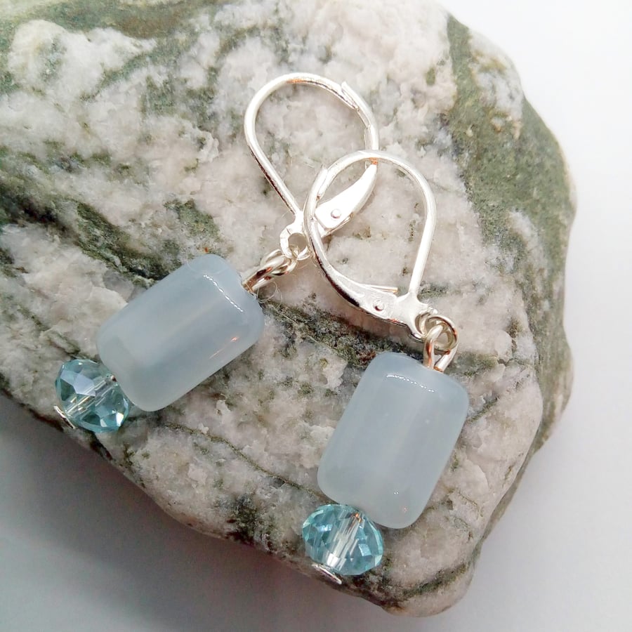 Earrings With Pale Blue Rectangular Bead and Light Blue Crystal Rondelle Beads