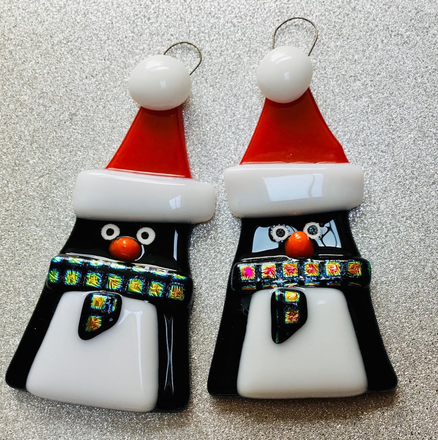Cute fused glass Sparkly square scarfed penguin hanging Christmas Decorations