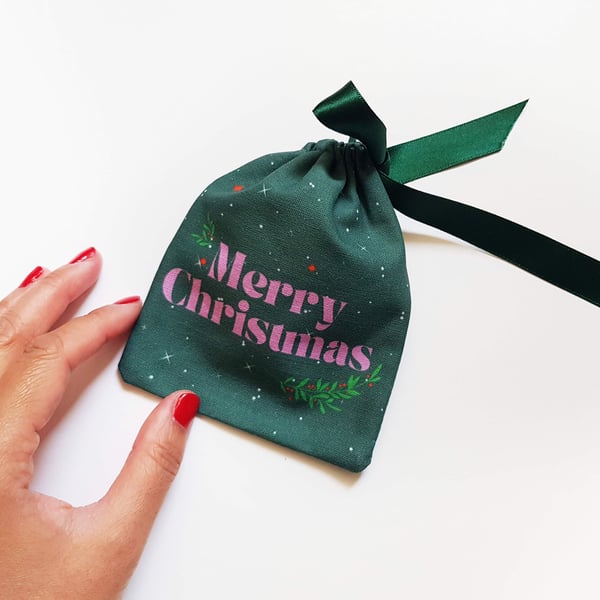 Evergreen and Pirouette Pink handmade 'Merry Christmas' gift pouch