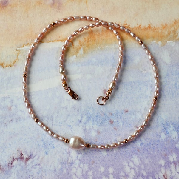 Oyster Pink Rice Pearl Necklace with Rose Gold Filled Trigger Clasp