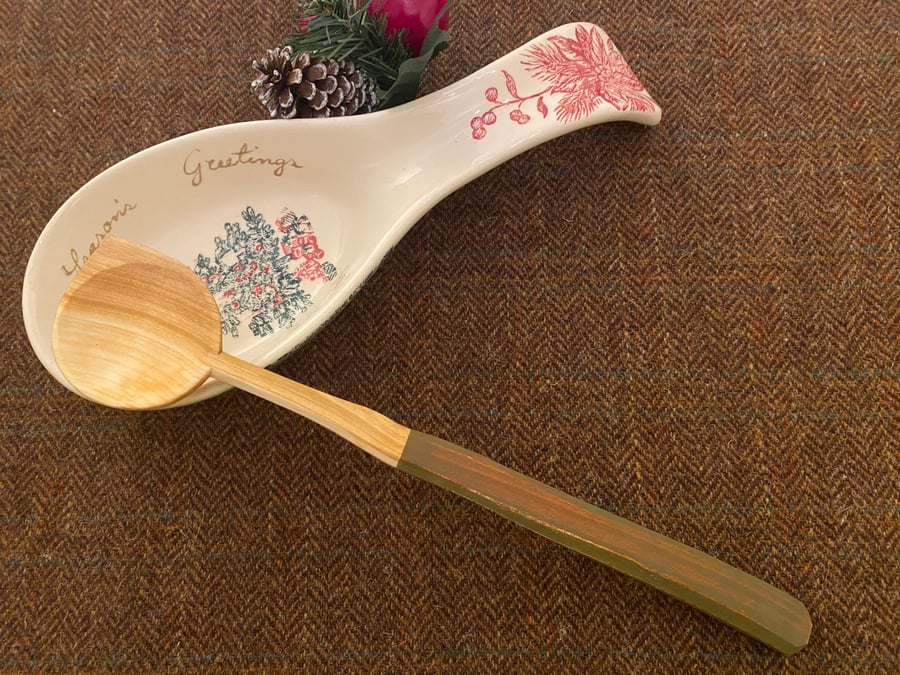 Cherry Wood Cooking Spoon- with Green on Red Handle.