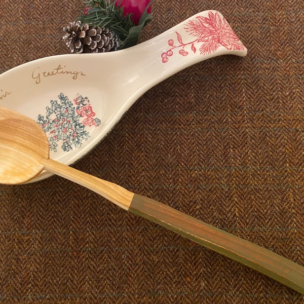 Cherry Wood Cooking Spoon- with Green on Red Handle.
