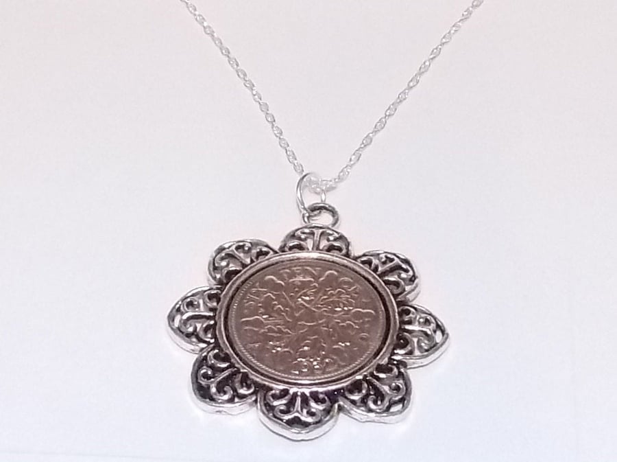 Floral Pendant 1932 Lucky sixpence 89th Birthday plus a Sterling Silver 18in Cha