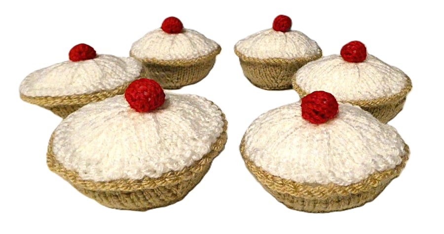 Handmade knitted set of 6 cherry bakewell tarts