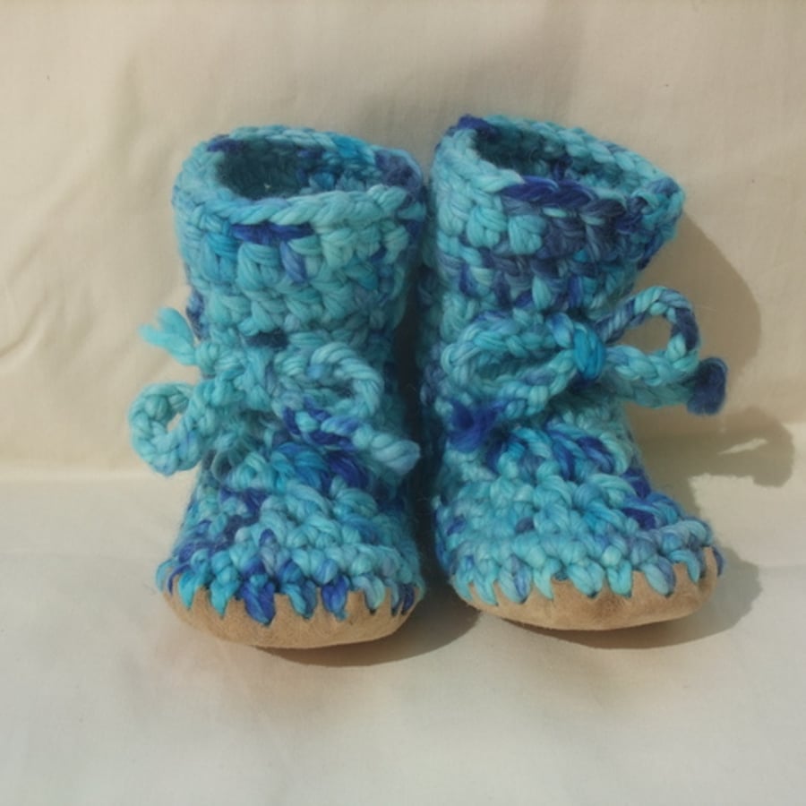 Wool & leather crochet baby boots blue/ turquoise mix 12-18 months 