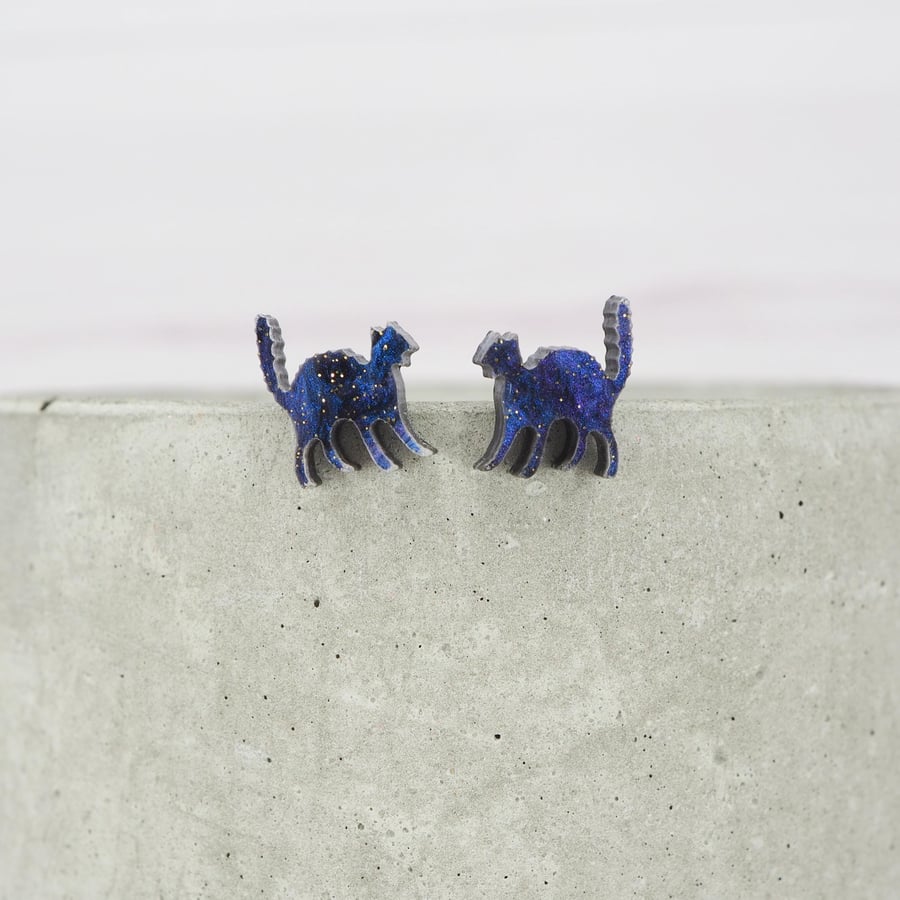 Titanium ear wire Cat Purple galaxy acrylic stud earrings - Hypoallergenic