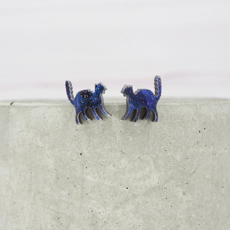 Titanium ear wire Cat Purple galaxy acrylic stud earrings - Hypoallergenic