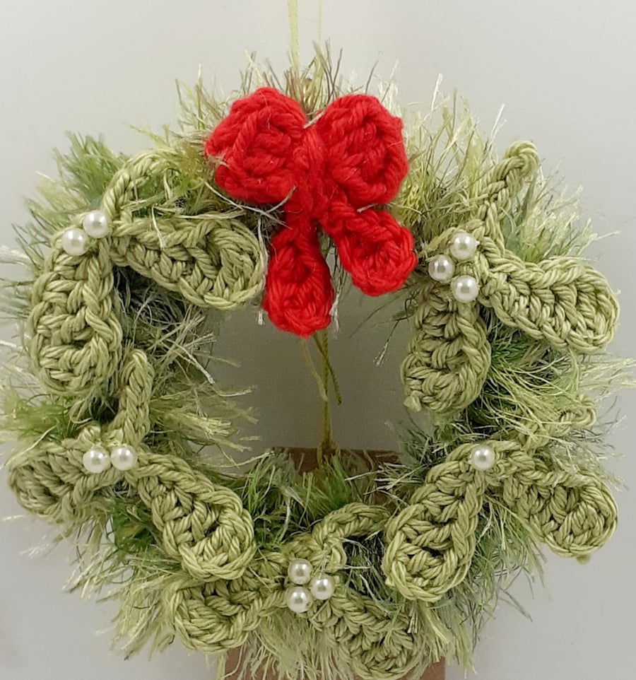Mini Crochet Mistletoe Wreath  Decoration.  Alternative to a Greetings Card