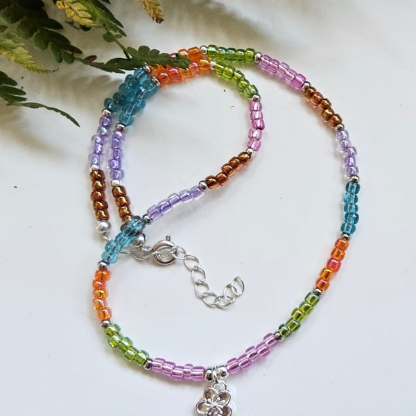 Boho Colourful Flower Seed Bead Multicoloured Necklace 