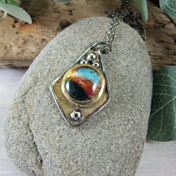 Handmade Dichroic Glass Brass Necklace on Sterling Silver Chain. Artisan Pendant