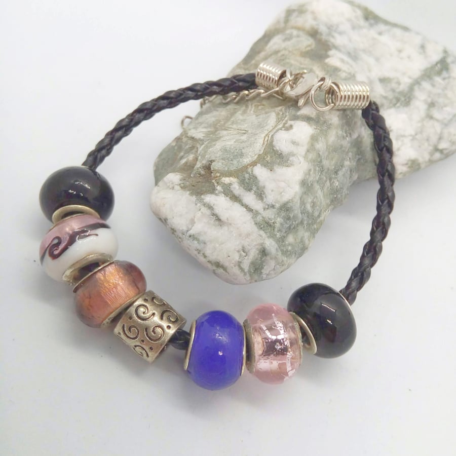 Black Blue Purple Silver and Transparent Pink European Lampwork Bead Bracelet