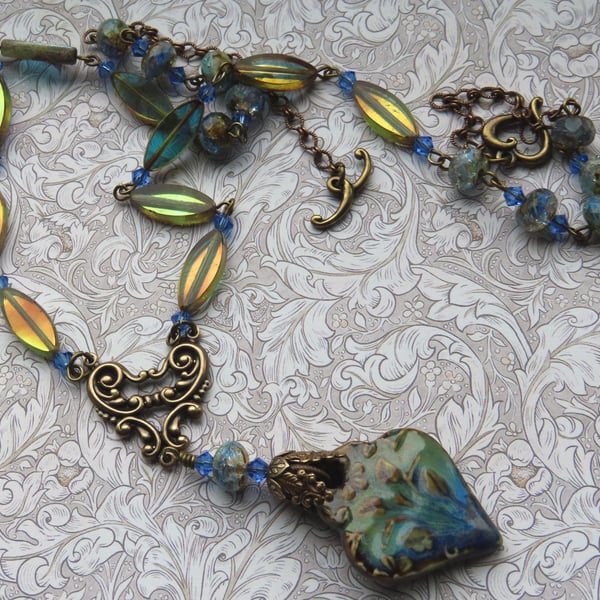 Artisan Pendant Ceramic Vintage Style Antiqued Brass Necklace, One of a Kind 