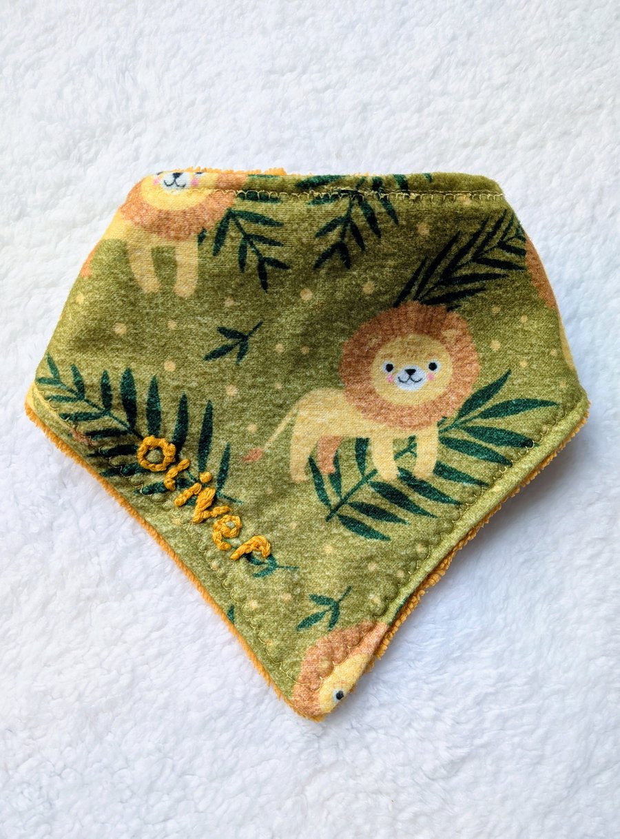Personalised Lion Baby Dribble Bib, Hand-Embroidered Name, FREE POSTAGE