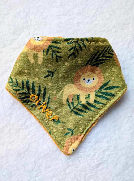 Personalised Lion Baby Dribble Bib, Hand-Embroidered Name, Free Postage